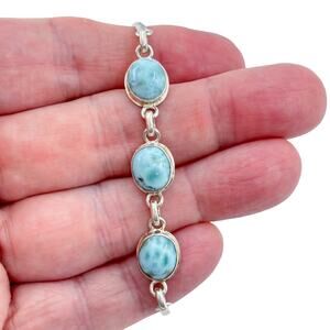 Vintage Sterling Silver 925 Larimar Link Bracelet 7.5"